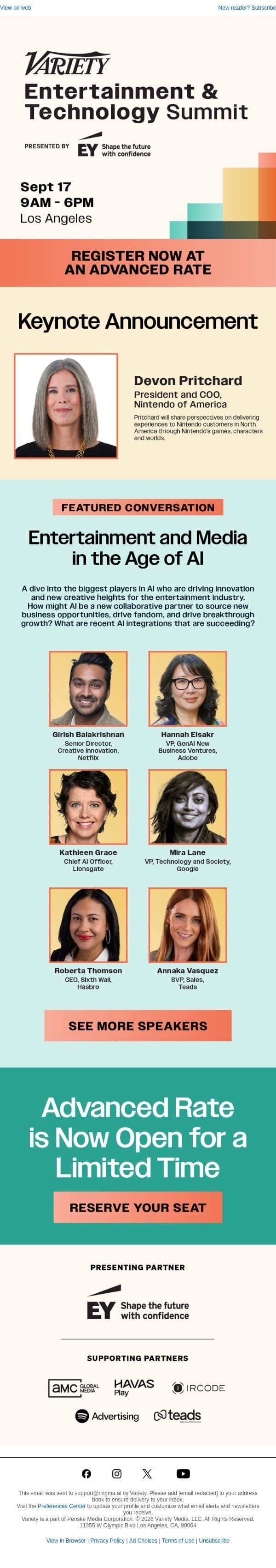 Nintendo President Devon Pritchard to Keynote Variety’s Entertainment & Technology Summit - Sept. 17 email from Variety screenshot
