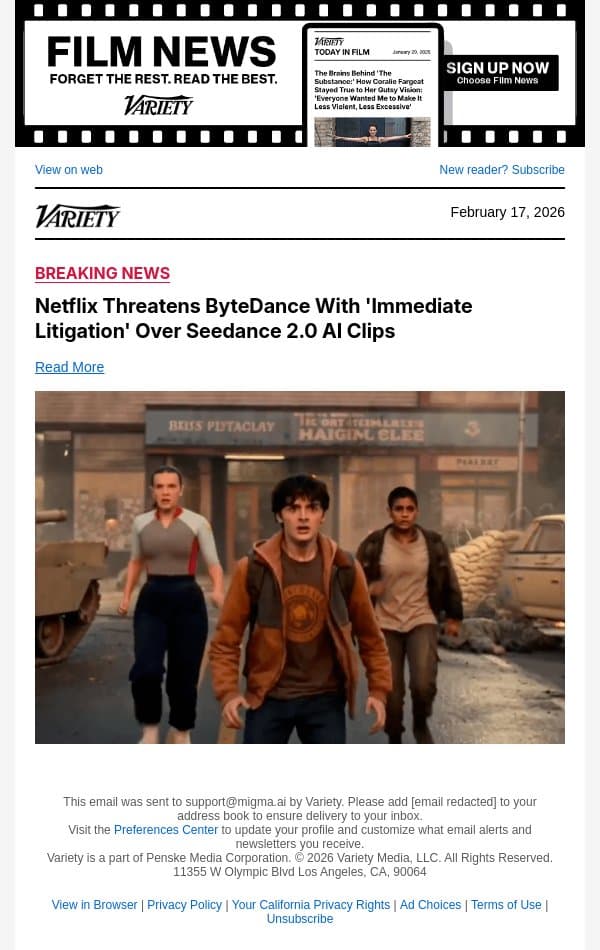 Netflix Threatens ByteDance With 'Immediate Litigation' Over Seedance 2.0 AI Clips email from Variety screenshot