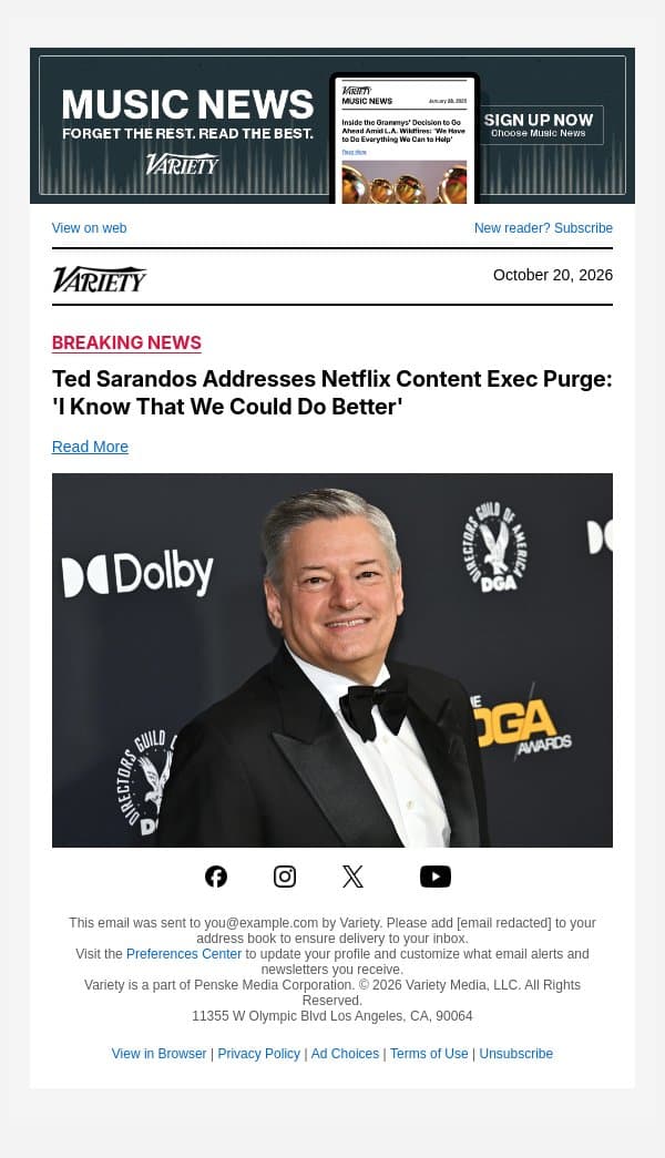 Ted Sarandos Addresses Netflix Content Exec Purge: 'I Know That We Could Do Better' email from Variety screenshot