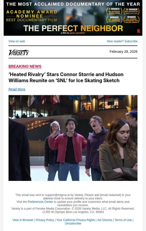 ‘Heated Rivalry’ Stars Connor Storrie and Hudson Williams Reunite on ‘SNL’ for Ice Skating Sketch email from Variety screenshot