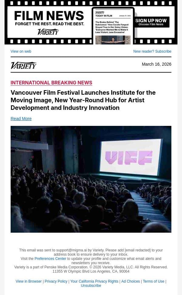 Vancouver Film Festival Launches Institute for the Moving Image, New Year-Round Hub for Artist Development and Industry Innovation email from Variety screenshot