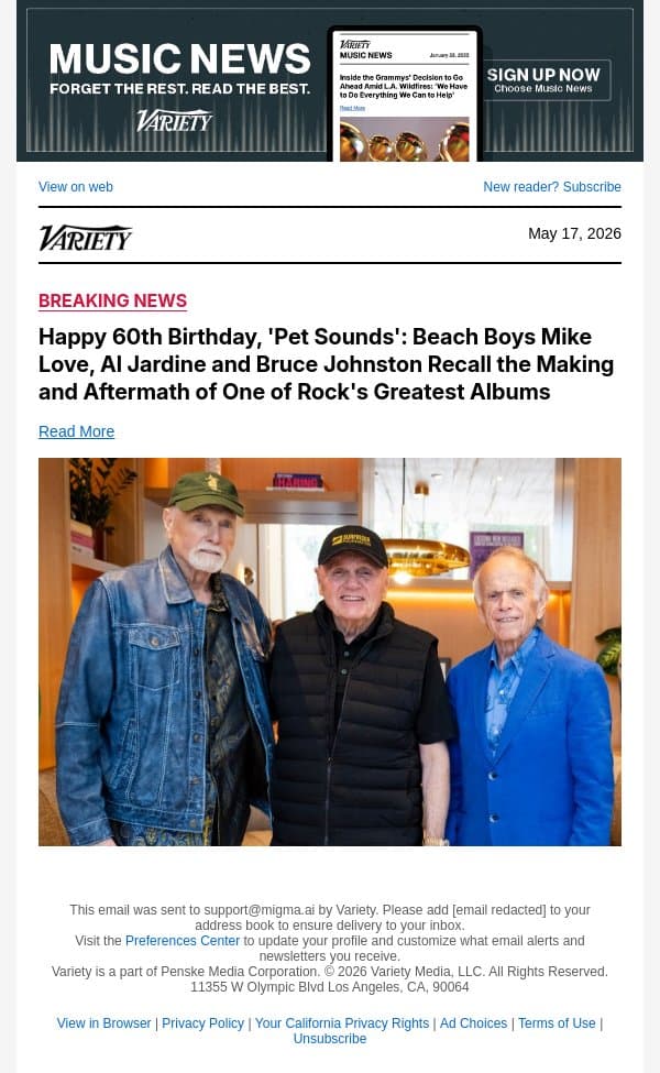 Happy 60th Birthday, 'Pet Sounds': Beach Boys Mike Love, Al Jardine and Bruce Johnston Recall the Making and Aftermath of One of Rock's Greatest Albums email from Variety screenshot