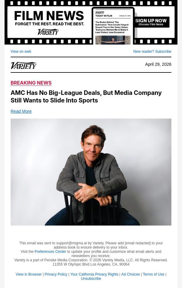 AMC Has No Big-League Deals, But Media Company Still Wants to Slide Into Sports email from Variety screenshot