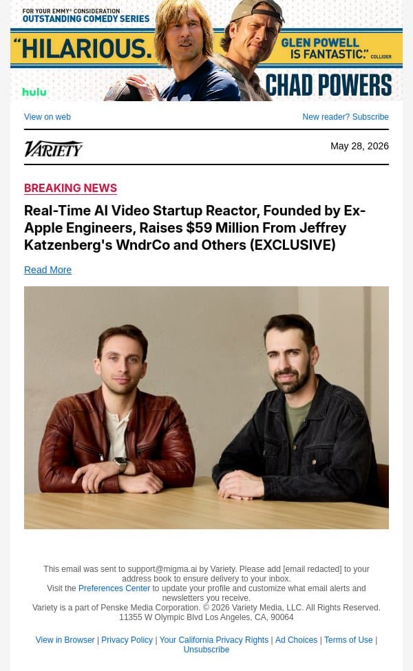 Real-Time AI Video Startup Reactor, Founded by Ex-Apple Engineers, Raises $59 Million From Jeffrey Katzenberg's WndrCo and Others (EXCLUSIVE) email from Variety screenshot