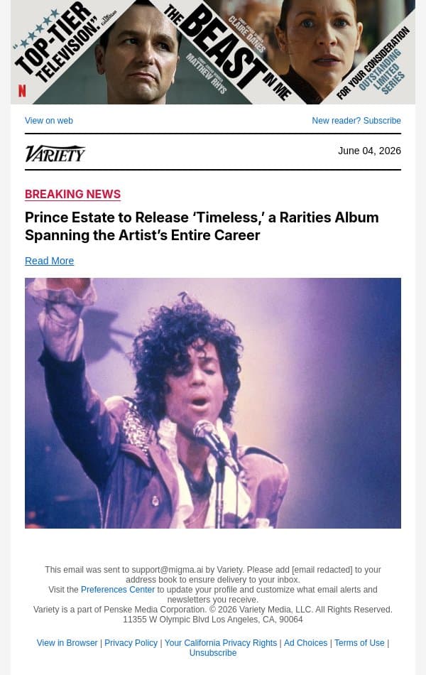 Prince Estate to Release ‘Timeless,’ a Rarities Album Spanning the Artist’s Entire Career email from Variety screenshot