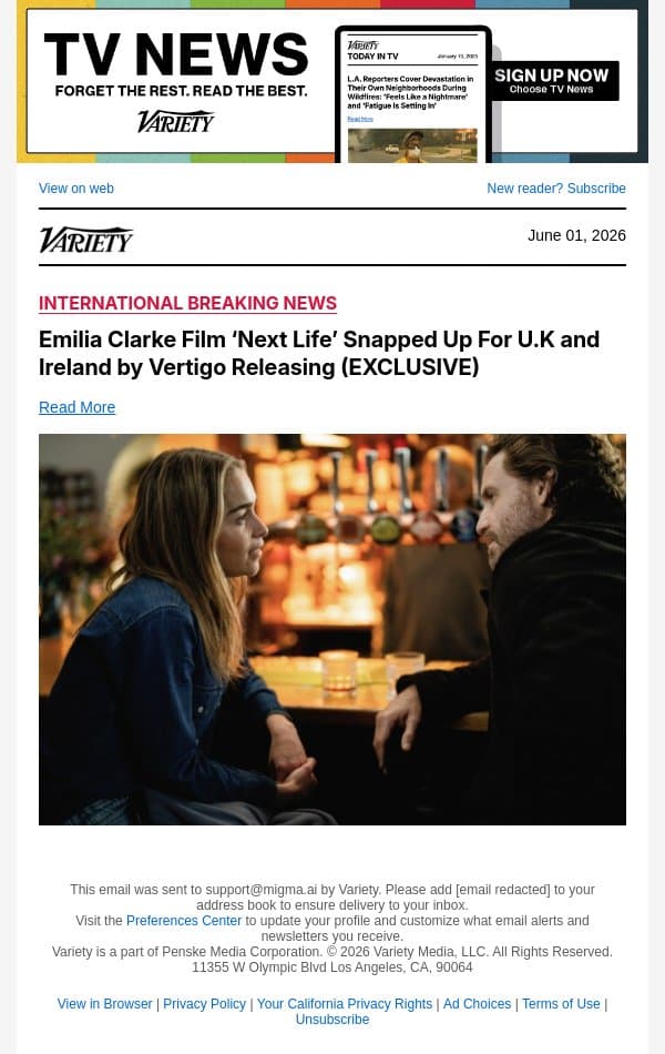 Emilia Clarke Film ‘Next Life’ Snapped Up For U.K and Ireland by Vertigo Releasing (EXCLUSIVE) email from Variety screenshot
