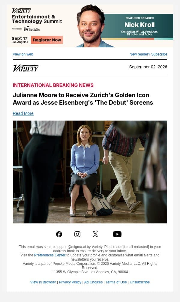 Julianne Moore to Receive Zurich's Golden Icon Award as Jesse Eisenberg's 'The Debut' Screens email from Variety screenshot