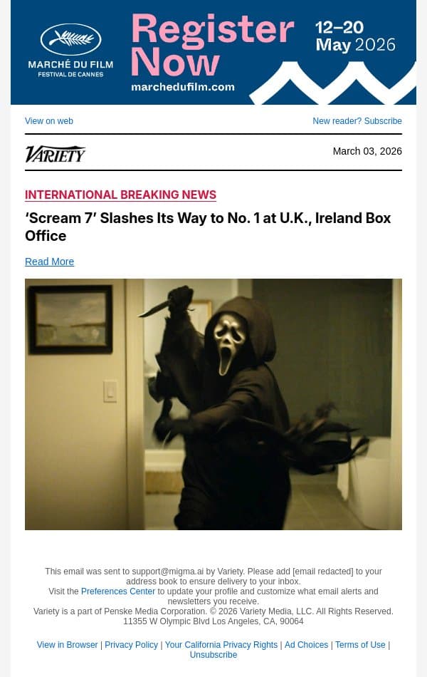 ‘Scream 7’ Slashes Its Way to No. 1 at U.K., Ireland Box Office email from Variety screenshot