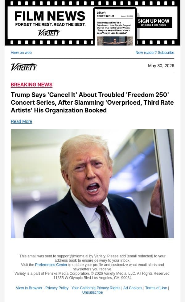 Trump Says 'Cancel It' About Troubled 'Freedom 250' Concert Series, After Slamming 'Overpriced, Third Rate Artists' His Organization Booked email from Variety screenshot