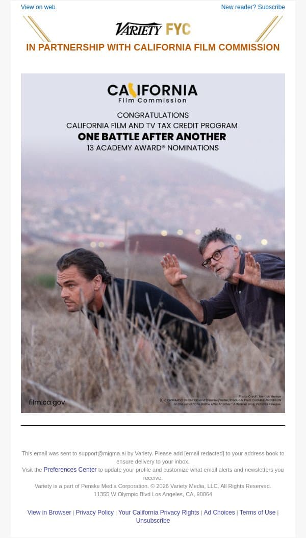 California Film Commission Congratulates One Battle After Another on 13 Academy Award® Nominations email from Variety screenshot