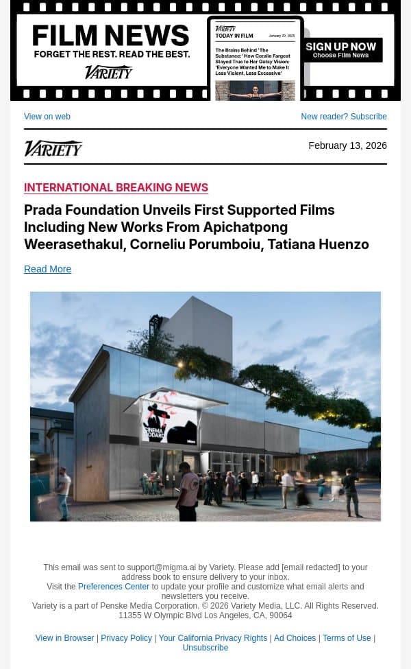 Prada Foundation Unveils First Supported Films Including New Works From Apichatpong Weerasethakul, Corneliu Porumboiu, Tatiana Huenzo email from Variety screenshot