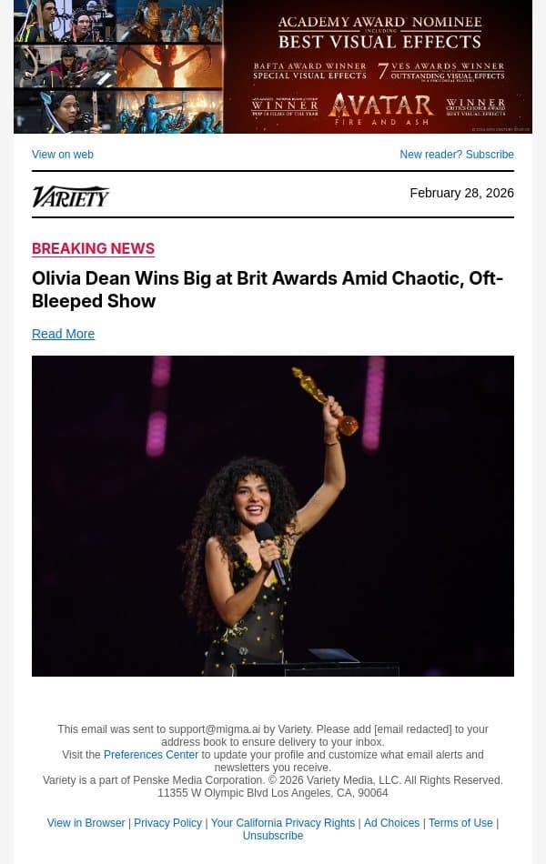 Olivia Dean Wins Big at Brit Awards Amid Chaotic, Oft-Bleeped Show email from Variety screenshot