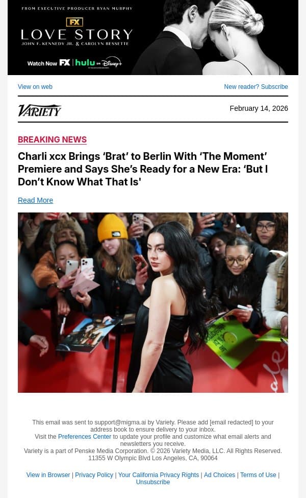 Charli xcx Brings ‘Brat’ to Berlin With ‘The Moment’ Premiere and Says She’s Ready for a New Era: ‘But I Don’t Know What That Is' email from Variety screenshot