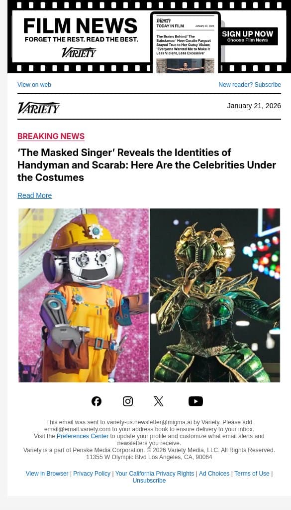 ‘The Masked Singer’ Reveals the Identities of Handyman and Scarab: Here Are the Celebrities Under the Costumes email from Variety screenshot