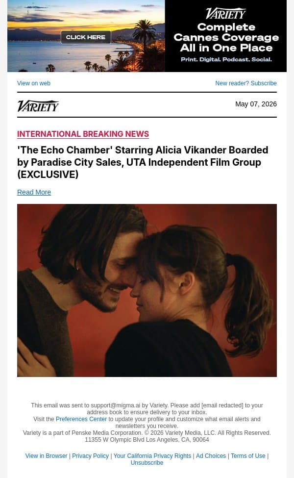 'The Echo Chamber' Starring Alicia Vikander Boarded by Paradise City Sales, UTA Independent Film Group (EXCLUSIVE) email from Variety screenshot