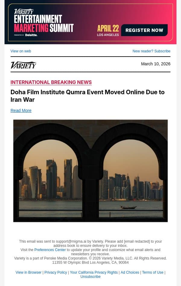 Doha Film Institute Qumra Event Moved Online Due to Iran War email from Variety screenshot