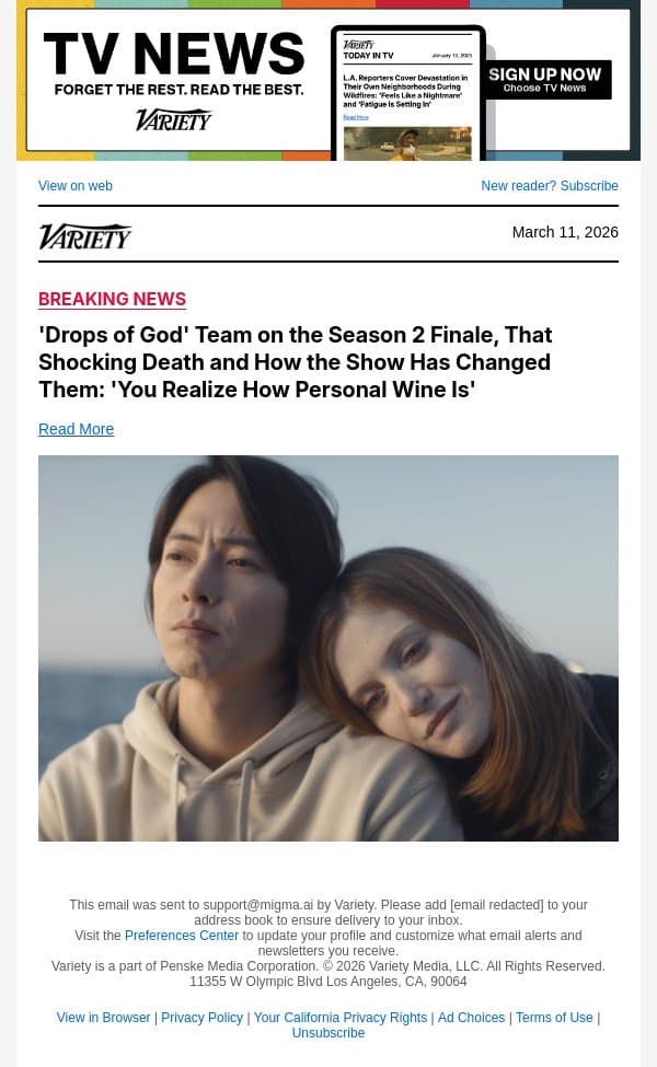 'Drops of God' Team on the Season 2 Finale, That Shocking Death and How the Show Has Changed Them: 'You Realize How Personal Wine Is' email from Variety screenshot