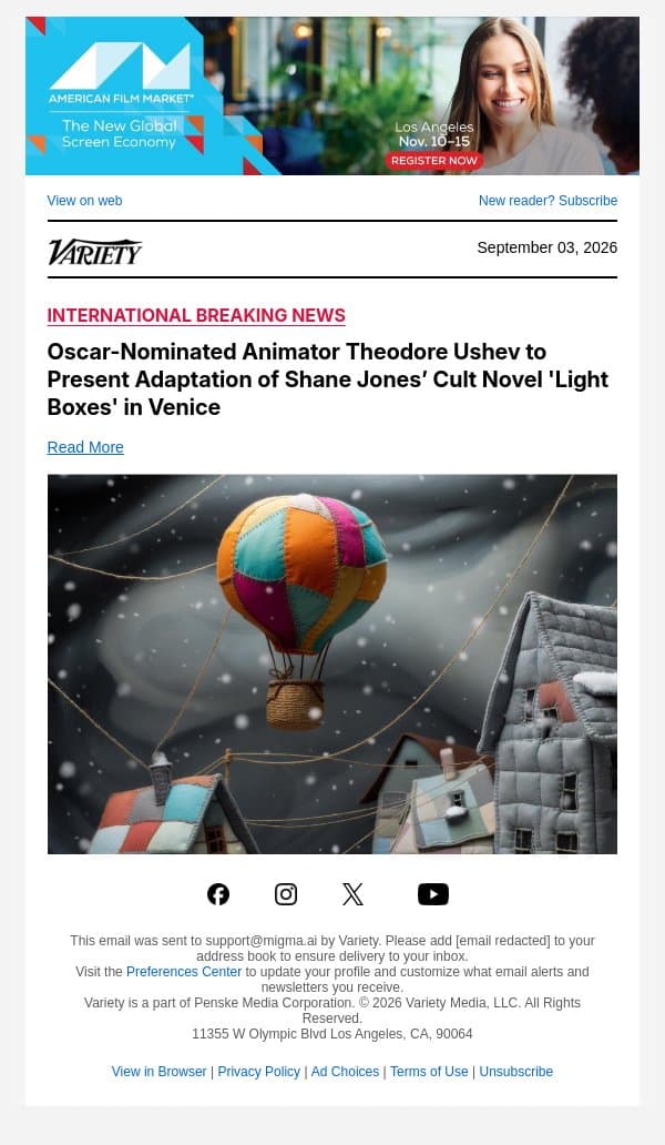 Oscar-Nominated Animator Theodore Ushev to Present Adaptation of Shane Jones’ Cult Novel 'Light Boxes' in Venice email from Variety screenshot