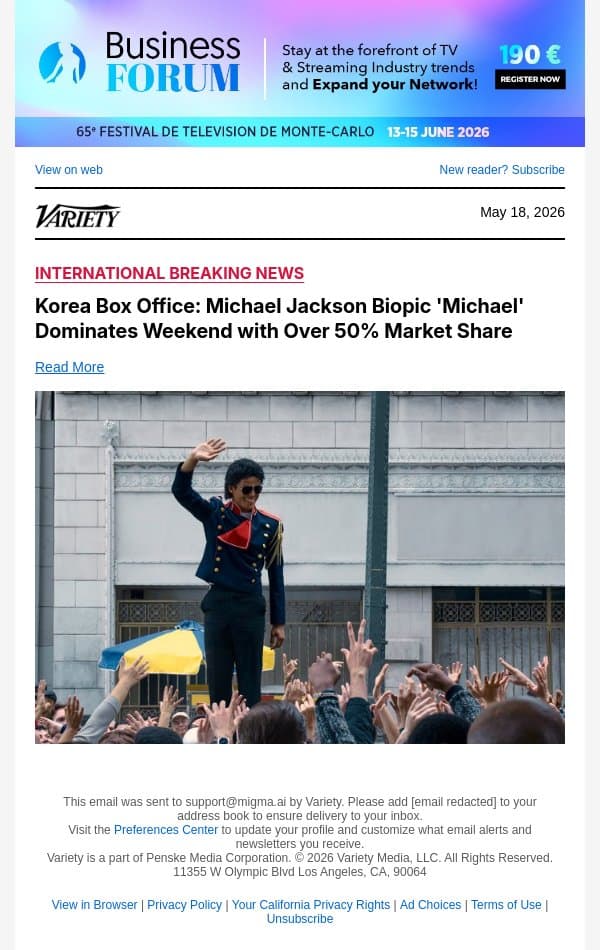 Korea Box Office: Michael Jackson Biopic 'Michael' Dominates Weekend with Over 50% Market Share email from Variety screenshot