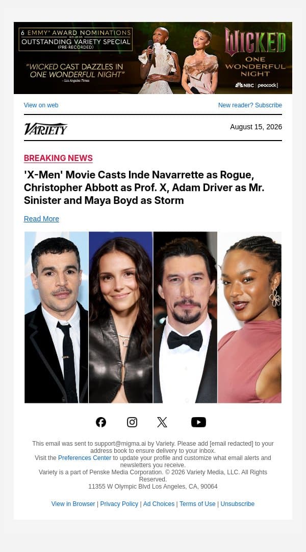 'X-Men' Movie Casts Inde Navarrette as Rogue, Christopher Abbott as Prof. X, Adam Driver as Mr. Sinister and Maya Boyd as Storm email from Variety screenshot