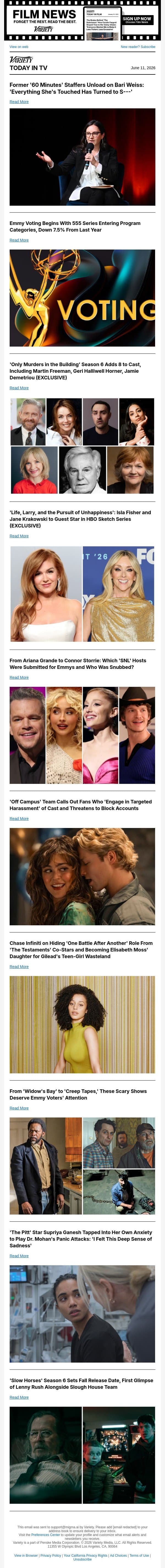 '60 Minutes' Staffers Unload on Bari Weiss; Emmy Voting Begins; 'Only Murders' Adds to Cast email from Variety screenshot