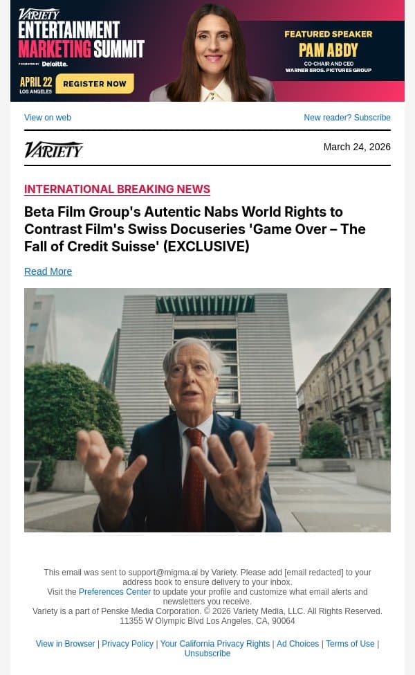 Beta Film Group's Autentic Nabs World Rights to Contrast Film's Swiss Docuseries 'Game Over – The Fall of Credit Suisse' (EXCLUSIVE) email from Variety screenshot