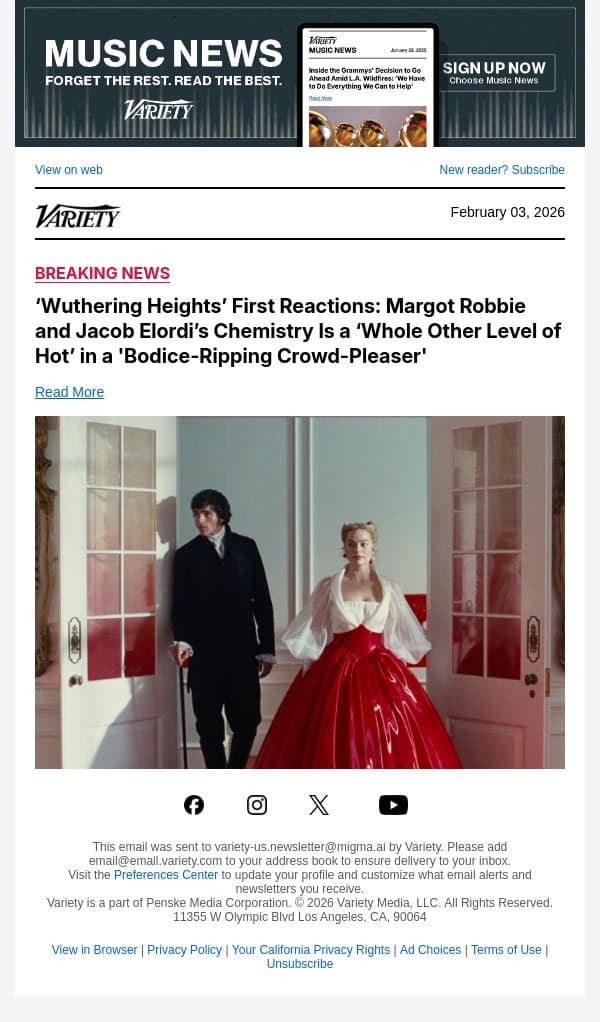 ‘Wuthering Heights’ First Reactions: Margot Robbie and Jacob Elordi’s Chemistry Is a ‘Whole Other Level of Hot’ in a 'Bodice-Ripping Crowd-Pleaser' email from Variety screenshot