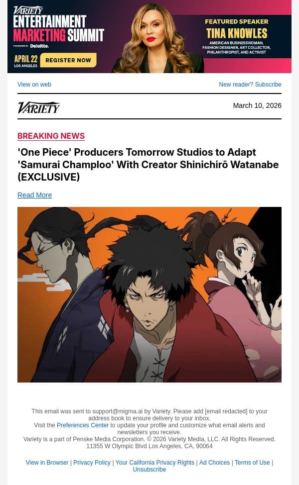 'One Piece' Producers Tomorrow Studios to Adapt 'Samurai Champloo' With Creator Shinichirō Watanabe (EXCLUSIVE) email from Variety screenshot