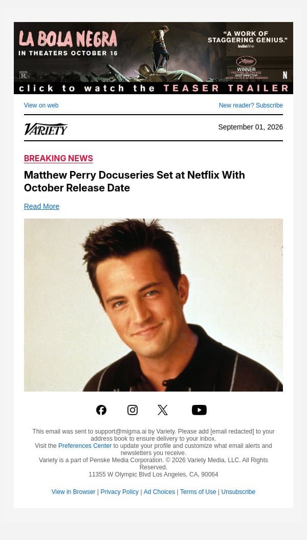 Matthew Perry Docuseries Set at Netflix With October Release Date email from Variety screenshot