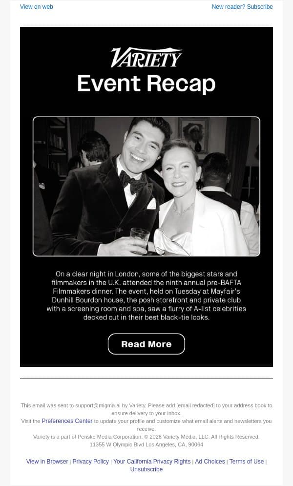 Henry Golding, Jonah Hauer-King and Tramell Tillman Attend Dunhill Pre-BAFTA Filmmakers Dinner email from Variety screenshot