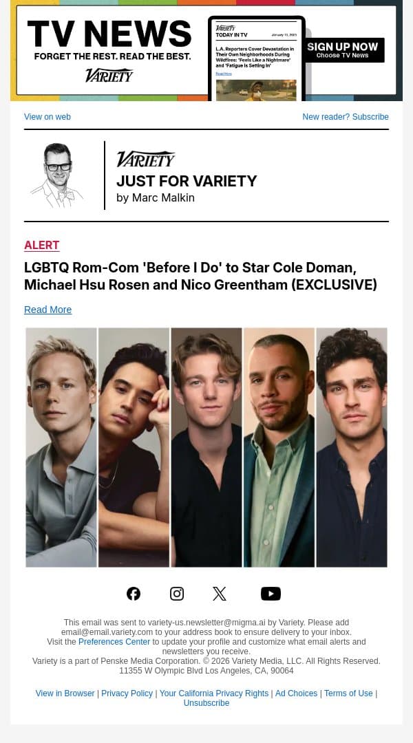 LGBTQ Rom-Com 'Before I Do' to Star Cole Doman, Michael Hsu Rosen and Nico Greentham (EXCLUSIVE) email from Variety screenshot