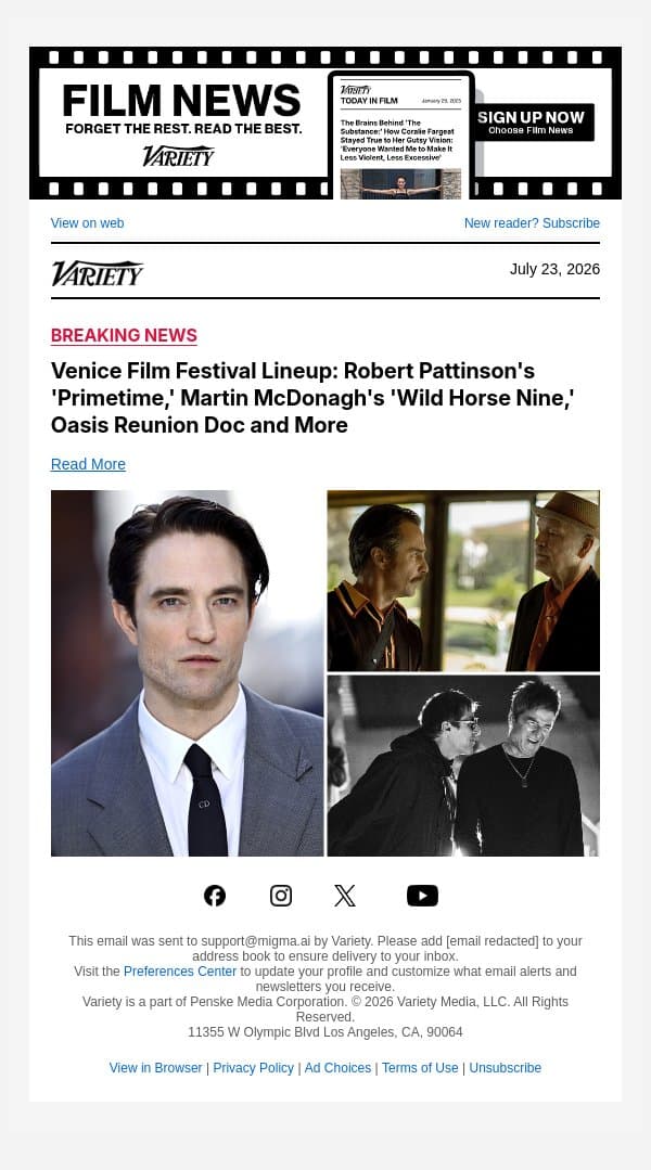 Venice Film Festival Lineup: Robert Pattinson's 'Primetime,' Martin McDonagh's 'Wild Horse Nine,' Oasis Reunion Doc and More email from Variety screenshot