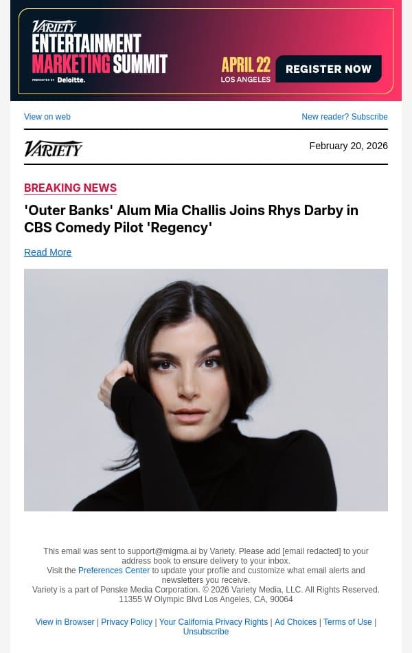 'Outer Banks' Alum Mia Challis Joins Rhys Darby in CBS Comedy Pilot 'Regency' email from Variety screenshot