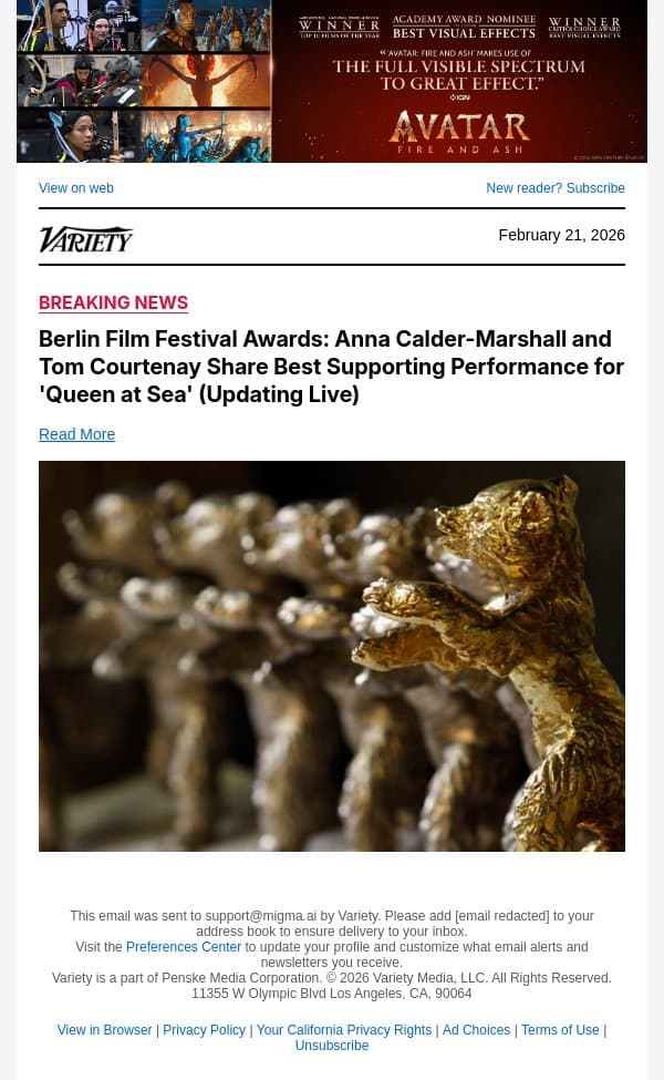 Berlin Film Festival Awards: Anna Calder-Marshall and Tom Courtenay Share Best Supporting Performance for 'Queen at Sea' (Updating Live) email from Variety screenshot