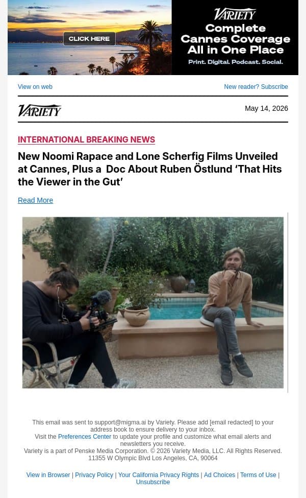 New Noomi Rapace and Lone Scherfig Films Unveiled at Cannes, Plus a Doc About Ruben Östlund ‘That Hits the Viewer in the Gut’ email from Variety screenshot