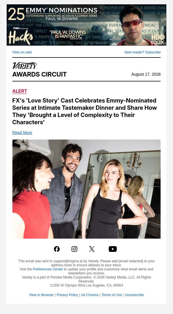 FX's 'Love Story' Cast Celebrates Emmy-Nominated Series at Intimate Tastemaker Dinner and Share How They 'Brought a Level of Complexity to Their Characters' email from Variety screenshot