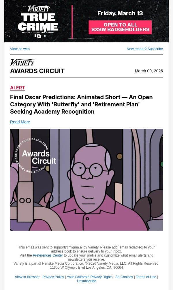 Final Oscar Predictions: Animated Short — An Open Category With 'Butterfly' and 'Retirement Plan' Seeking Academy Recognition email from Variety screenshot
