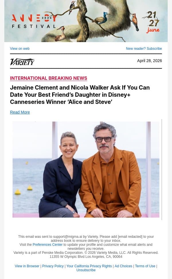 Jemaine Clement and Nicola Walker Ask If You Can Date Your Best Friend’s Daughter in Disney+ Canneseries Winner ‘Alice and Steve’ email from Variety screenshot