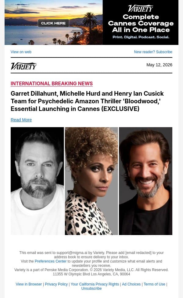 Garret Dillahunt, Michelle Hurd and Henry Ian Cusick Team for Psychedelic Amazon Thriller 'Bloodwood,' Essential Launching in Cannes (EXCLUSIVE) email from Variety screenshot