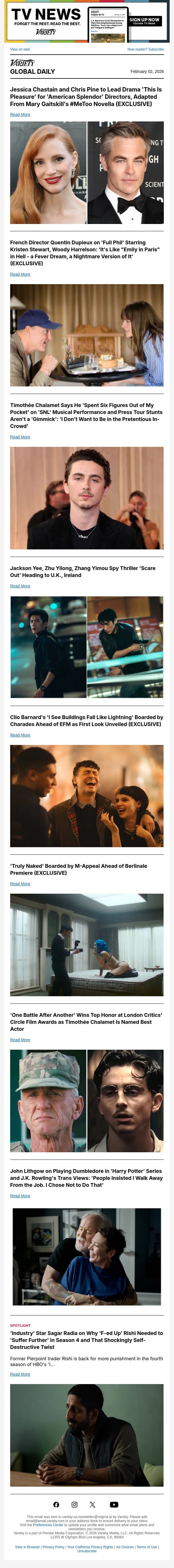 Jessica Chastain and Chris Pine Team; Quentin Dupieux Previews 'Full Phil'; Timothée Chalamet in London email from Variety screenshot