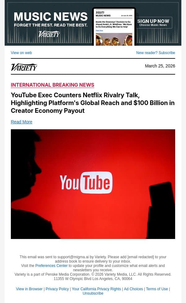 YouTube Exec Counters Netflix Rivalry Talk, Highlighting Platform's Global Reach and $100 Billion in Creator Economy Payout email from Variety screenshot