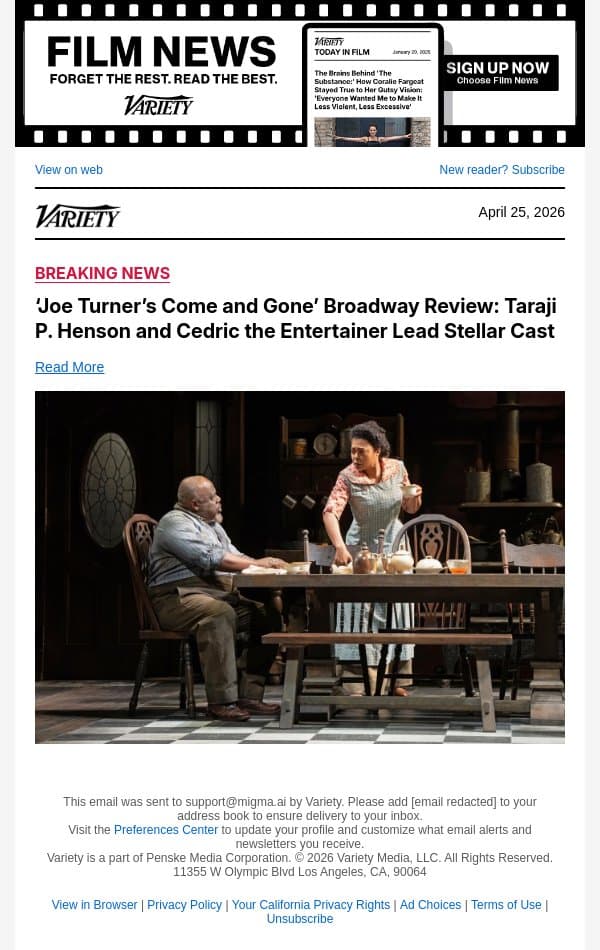 ‘Joe Turner’s Come and Gone’ Broadway Review: Taraji P. Henson and Cedric the Entertainer Lead Stellar Cast email from Variety screenshot