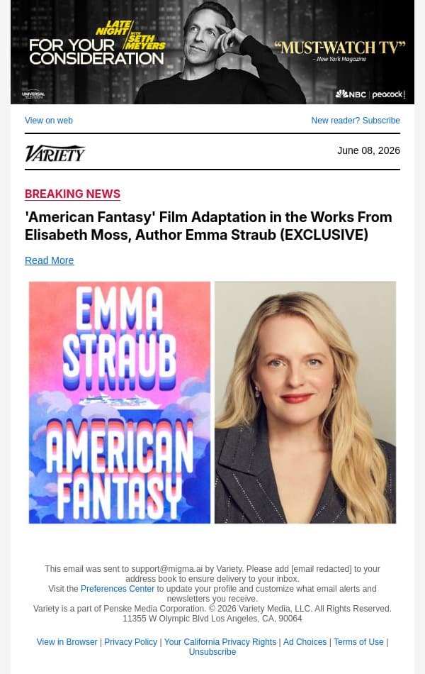 'American Fantasy' Film Adaptation in the Works From Elisabeth Moss, Author Emma Straub (EXCLUSIVE) email from Variety screenshot