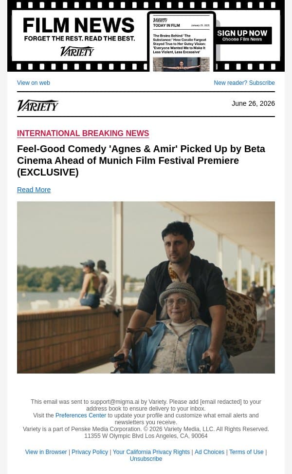 Feel-Good Comedy 'Agnes and Amir' Picked Up by Beta Cinema Ahead of Munich Film Festival Premiere (EXCLUSIVE) email from Variety screenshot