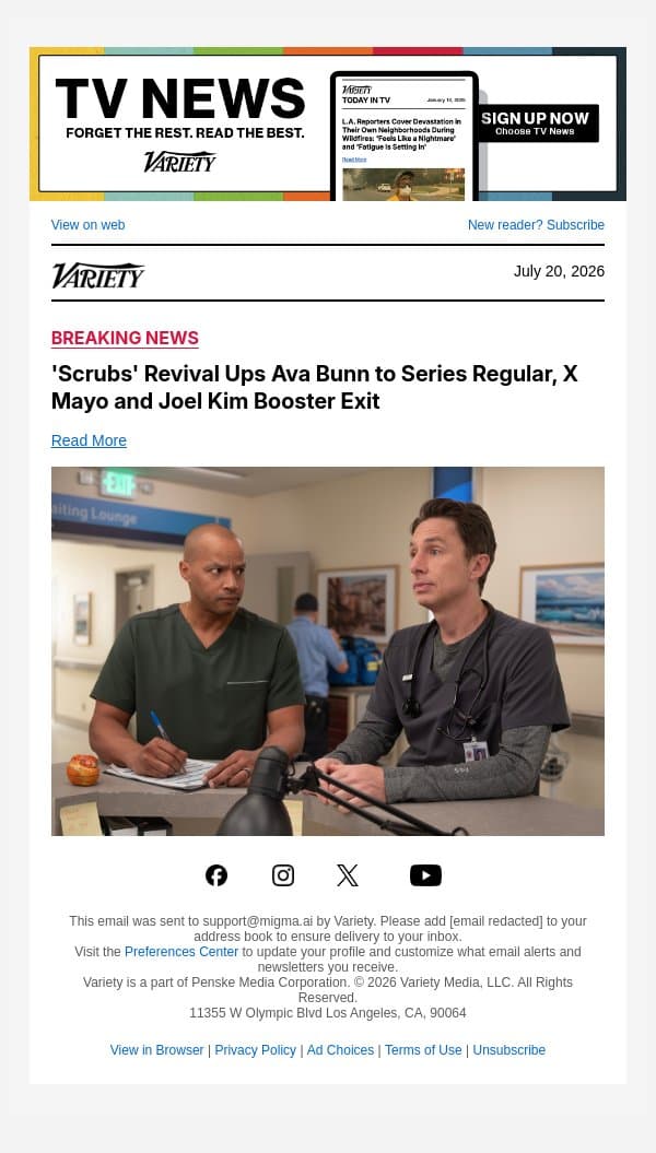 'Scrubs' Revival Ups Ava Bunn to Series Regular, X Mayo and Joel Kim Booster Exit email from Variety screenshot