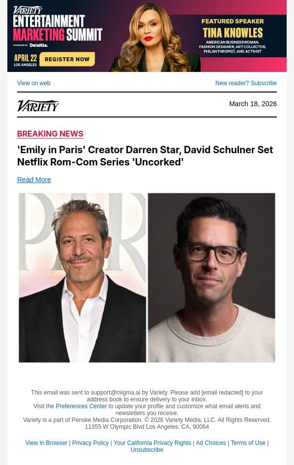 'Emily in Paris' Creator Darren Star, David Schulner Set Netflix Rom-Com Series 'Uncorked' email from Variety screenshot