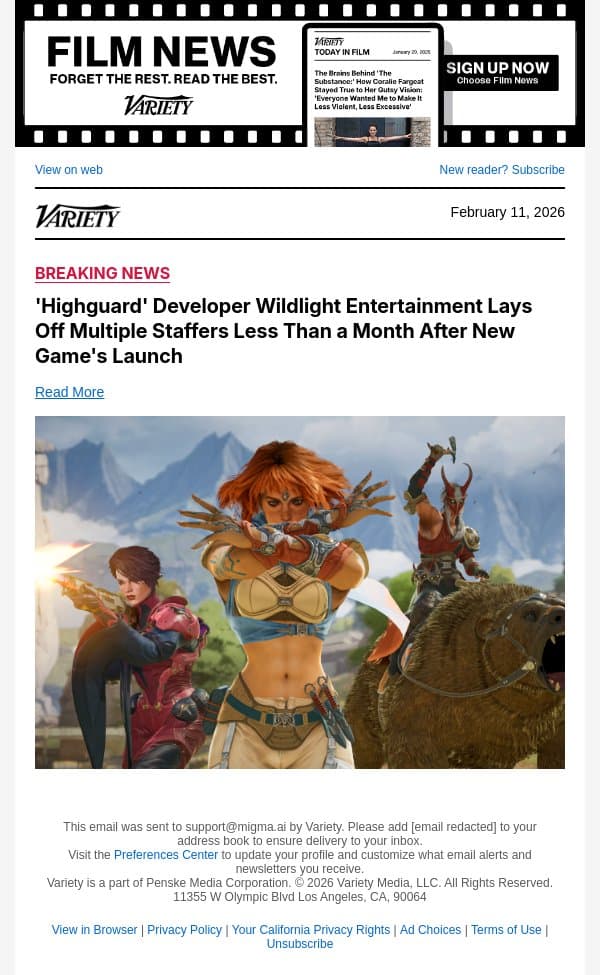 'Highguard' Developer Wildlight Entertainment Lays Off Multiple Staffers Less Than a Month After New Game's Launch email from Variety screenshot