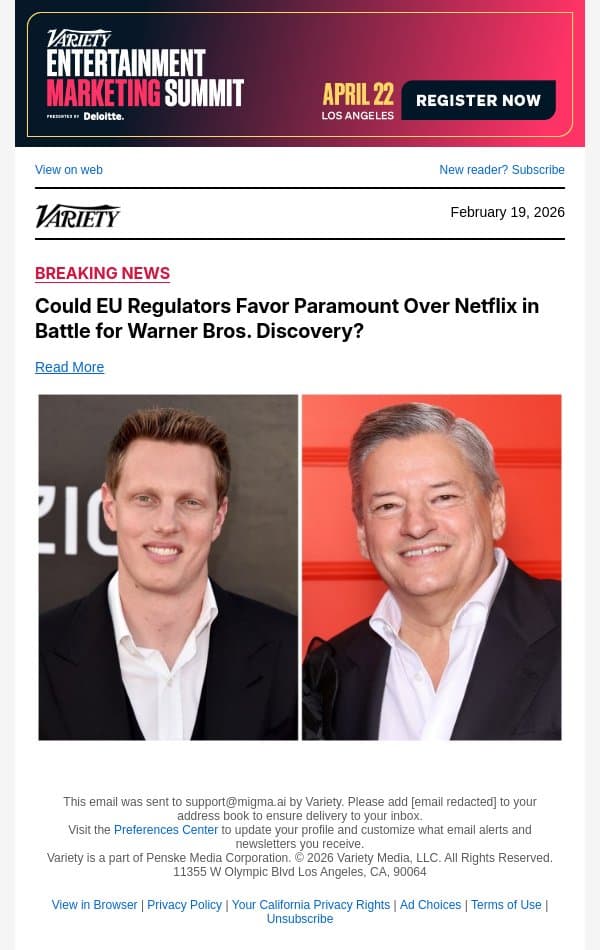 Could EU Regulators Favor Paramount Over Netflix in Battle for Warner Bros. Discovery? email from Variety screenshot