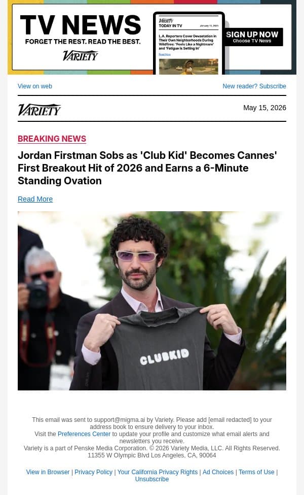 Jordan Firstman Sobs as 'Club Kid' Becomes Cannes' First Breakout Hit of 2026 and Earns a 6-Minute Standing Ovation email from Variety screenshot