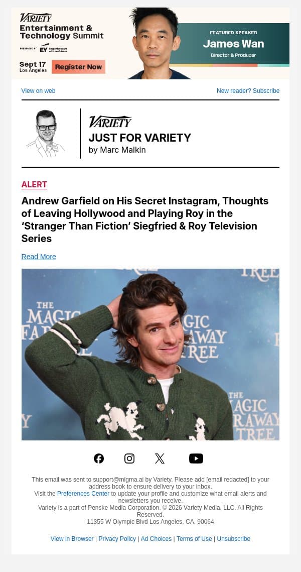 Andrew Garfield on His Secret Instagram, Thoughts of Leaving Hollywood and Playing Roy in the ‘Stranger Than Fiction’ Siegfried & Roy Television Series email from Variety screenshot